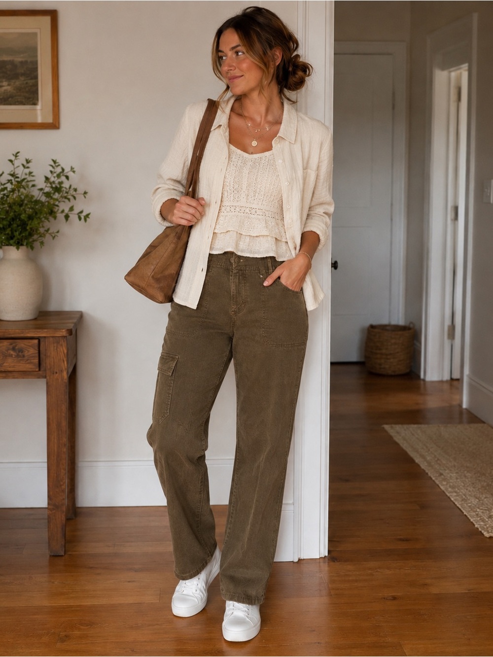 Khaki‎ Cargo Utility Straight Leg Pants Lagenlook Elastic Waistband | Size 8